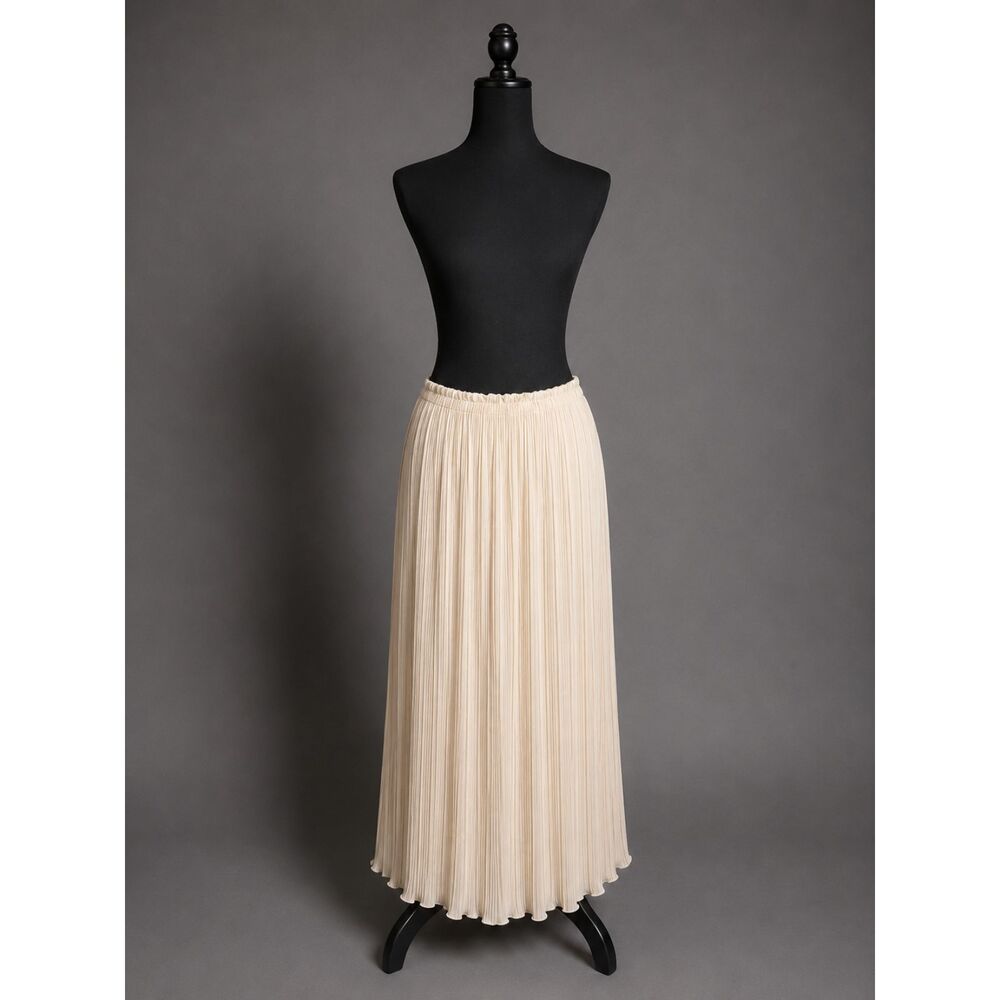 Cream Pleated Maxi Skirt Elastic Waist Minimalist Boho Flowy M L